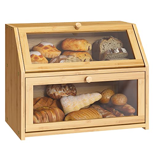 Bread Storage Farmhouse Bread Box For Kitchen Countertop Bread Container With Clear Window Breadbox Double Layer Bamboo Wooden Extra Large Capacity Bin Kitchen Food Storage Container(Trapezoid)