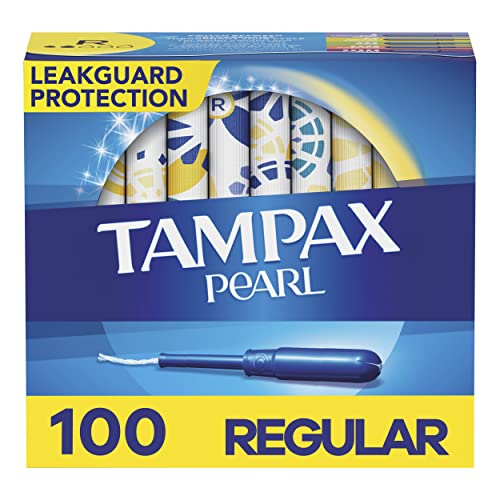 Tampax Pearl Tampons Regular Absorbency, With Leakguard Braid, Unscented, 50 Count x 2 Packs (100 Count total)