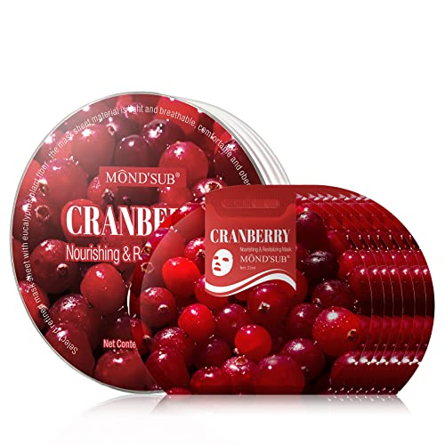 MOND'SUB Fruit Facial Mask | Cranberry Nourishing Revitalizing Mask 7 Sheets | Hydrating Sheet Mask | Anti-Wrinkle Skin Care | Anti-Aging Sheets Pack | Moisturizing | Both Men&Women (Cranberry)