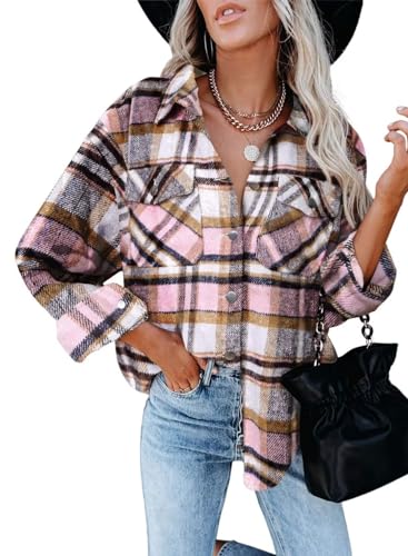 ZOLUCKY Women's Fall Oversized Plaid Shacket Jacket Flannel Shirts Button Down Shirt Coat Tops, Pink Large