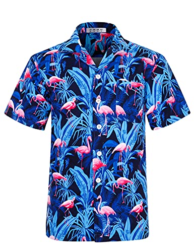 ELETOP Men's Hawaiian Shirt Quick Dry Tropical Aloha Shirts Beach Holiday Casual Shirts Flamingo Blue F040 L