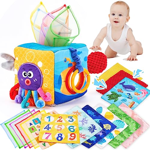 Baby Tissue Box Toy - Baby Toys 6-12 Months Montessori Toys for 6 Month Old Toys with Textured Tails, Cloth Tissues, Crinkle, Squeaky Sounds, Mirror - Christmas Stocking Stuffers 9 Month Old Toys