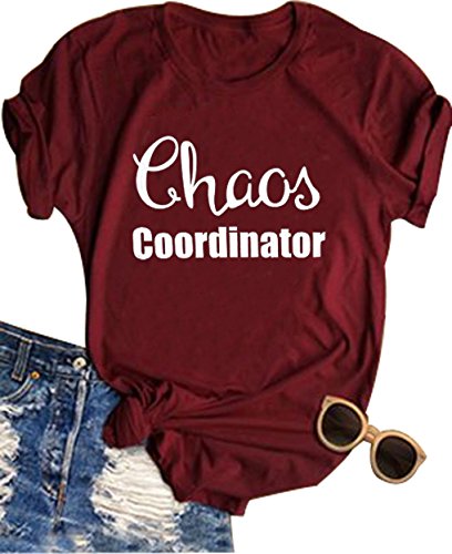 Women Chaos Coordinator Letter Printed T-Shirt Funny Short Sleeve Tops Tee Shirt (Small, Red)