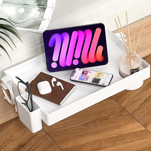 SPACEKEEPER Bedside Shelf for Bed, Foldable Bunk Bed Shelf Organizer for Top Bunk College Dorm Room Essentials Clip On Nightstand Bed Side Shelf Tray with Hanging Cup, Normal Size, White