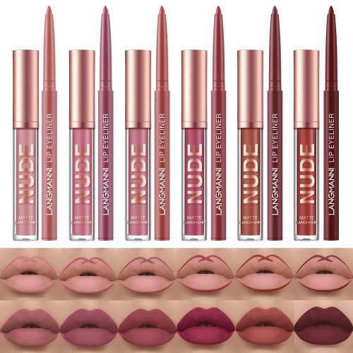 URQT 12pcs Lip Liner and Lipstick Set, 6 Velvety Matte Liquid Lipsticks + 6 Matching Smooth Lip Liner One Step Lips Long Lasting Waterproof Makeup Kits Gift Set