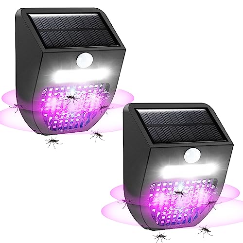 Bug Zapper Outdoor 2 Pack, RECHOO Upgraded 2-in-1 Solar Bug Zapper Mosquito Zapper Killer, Motion Sensor Outdoor Lights with 3 UV Lights, Waterproof Solar Powered Fly Zapper Killer Trap for Outdoor