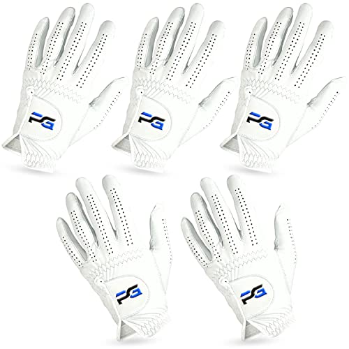 PG Golf Gloves (5 Pack) Cabretta Leather, Premium Quality Mens Golf Gloves, Left Hand Gloves for Right Handed Golfers (Medium)