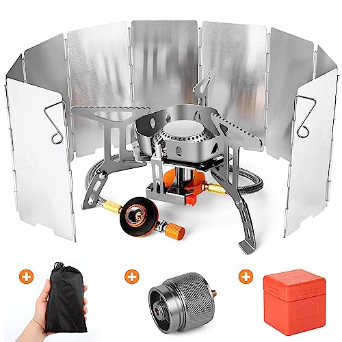 Odoland 3500W Windproof Camp Stove Camping Gas Stove with Windscreen, Fuel Canister Adapter, Piezo Ignition, Carry Case, Portable Collapsible Stove Burner for Outdoor Backpacking Hiking and Picnic