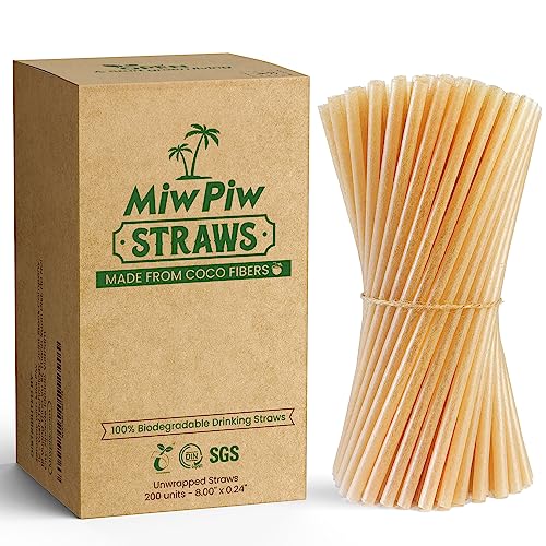 Miw Piw Biodegradable Coconut Straws - 200 Pieces Disposable, Plastic Free, Ecofriendly Coco Fiber Drinking Straws Bulk for Cold and Hot Beverages, Cocktail and Restaurant