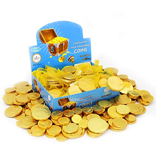 Hanukkah Chocolate Gelt, Milk Chocolate Coins, Made in Israel, Kosher Certified Cholov Yisroel Chanukah Coins Box, 0.42 oz each (Single, 24 Mesh Bags)