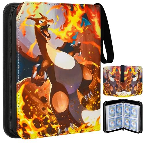 Card Binder 400 Cards Storage Capacity with 50 Removable Sleeves, 4-Pocket Collector Trading Card Binder Round Ring Binder, Portable Carrying Case Book Album for Game, Office, Learning, Sport