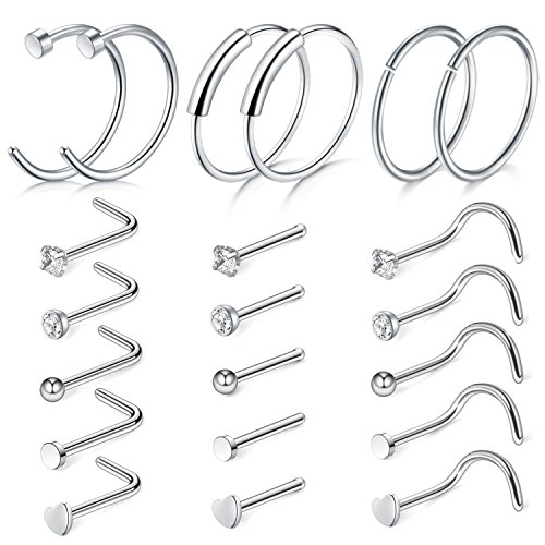 D.Bella 20G Silver Nose Ring-21pcs Nose Rings Studs Nose Screws Stainless Steel Nose Rings 8mm