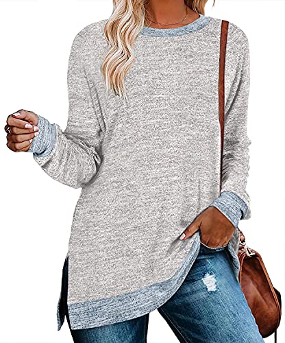 WELINCO Women's Long Sleeve Loose Casual Fall Pullover Side Split Tunic Tops Grey Large
