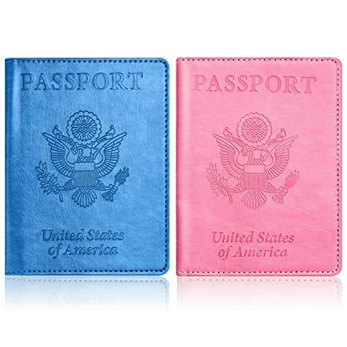 Eoehro 2Pack Passport and Vaccine Card Holder, Faux Leather, CF-Sky Blue+pink, Unisex