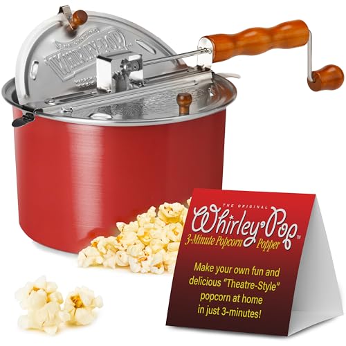 Original Whirley Pop Popcorn Maker - 6 Quart Culinary Popcorn Popper With One All-Inclusive Popping Kit, Aluminum Popcorn Pot With Nylon Gears, Wabash Valley Farms Popcorn Maker (Red)
