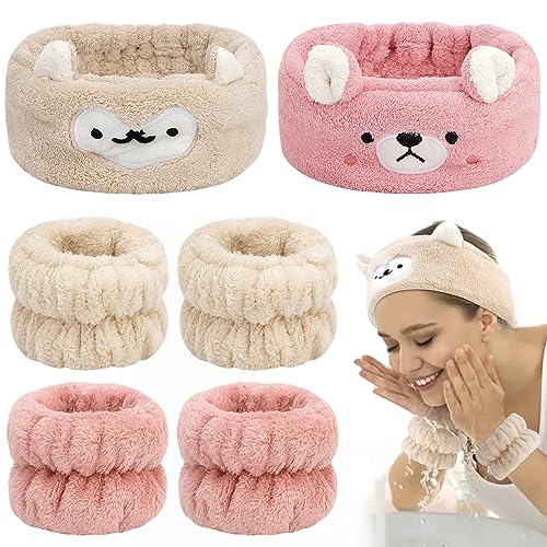 AHONEY Headband and Wristband Set for Face Washing, Cute Makeup Spa Skincare Headbands Wrist Bands for Washing Face Headband for Women Girls Elastic Hair Band Animal Ears for Cosmetic (Pink&Khaki)