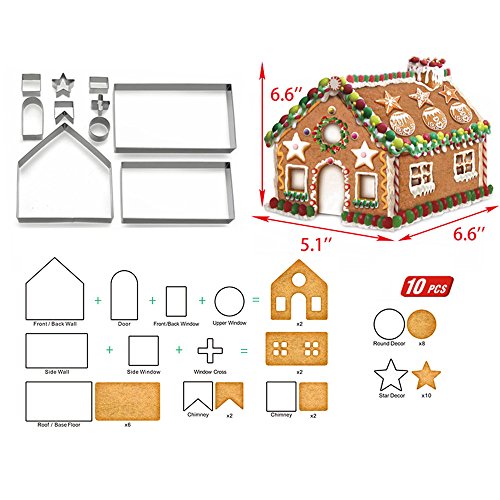 Gingerbread House Cookie Cutter Set - 3D House Cookie Cutters, Gingerbread House Kit for Holiday, Winter, Christmas & Gingerbread House Kit for Kids, Gift Package (10Pcs Christmas Cookie Cutters)