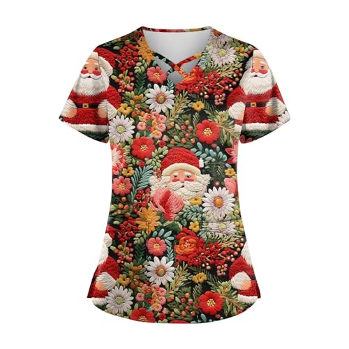 Plus Size Tops for Women Short Sleeve Scrubs Tops Womens Gifts for Christmas Holiday Outfits New Years Shirts Cute Trendy Xmas Graphic Tees Nursing Tops Y2k Clothes with Pockets(3a-Red,XX-Large)