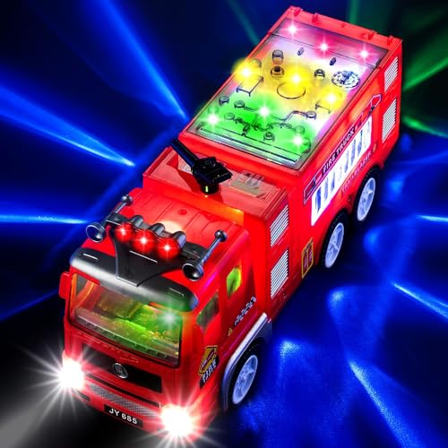 Zetz Brands Fire Truck Toy for Boys, Girls, Kids, w/ 4D LED Lights, Toddlers - Age 3+ Fire Engine Push Toy Car for Little Fireman Real Firetruck Siren Sound, Bump & Go – Ideal Gift