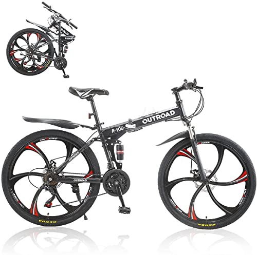 Max4out 26 inch Folding Mountain Bike, Mens and Womens, Carbon Steel Frame and 21 Speed, Double Disc Brake and Dual Suspension, Easy Assembly Bicycle for Adult (LH-Black)