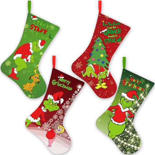 Yanleen 4 Pack Grinchs Christmas Stockings, 18 Inch Large Stocking Christmas Bulk Grinchs Christmas Decorations Grinchs Decor Ornaments Holiday Home Indoors
