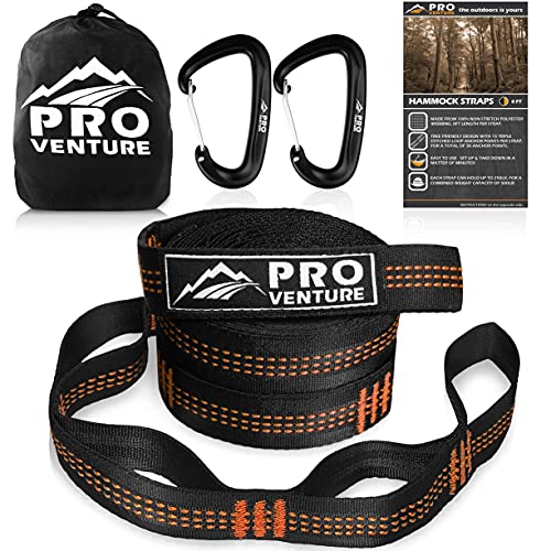 Pro Venture Hammock Straps and 2 Carabiners, 30+2 Loops, 1200lbs Breaking Strength (500lbs Rated) | 100% Non-Stretch, Lightweight, Portable Camping - Quick, Easy Setup | Heavy Duty + Tree Friendly
