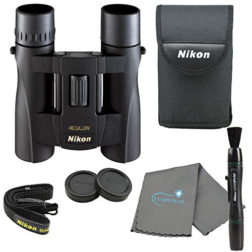 Nikon Aculon A30 (8263) 10x25 Binoculars Black Bundle with Lens Pen and Lumintrail Cleaning Cloth, Compact Binoculars for Adults for Bird Watching, Hunting, and Sporting, Zoom Optics Lightweight