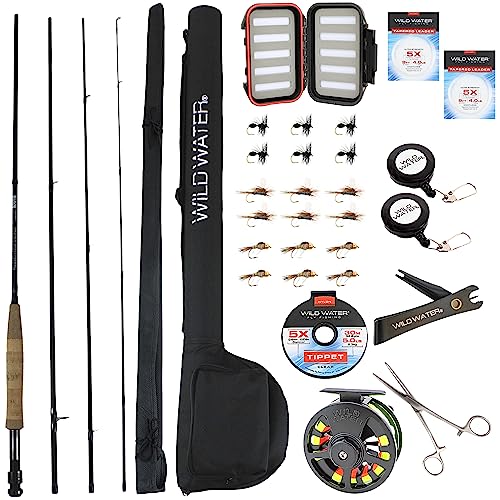 Wild Water Deluxe Fly Fishing Combo Starter Kit, 5 or 6 Weight 9 Foot Fly Rod, 4-Piece Graphite Rod with Cork Handle, Accessories, Die Cast Aluminum Reel, Carrying Case, Fly Box Case & Fishing Flies