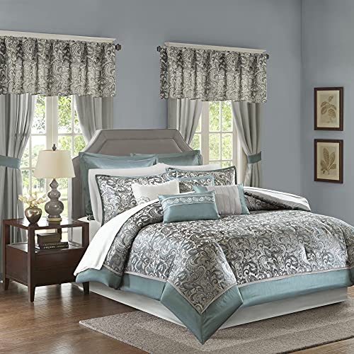 Madison Park 24 Piece Faux Silk Paisley Queen Comforter Set with Matching Curtains, Down Alternative Hypoallergenic - Teal