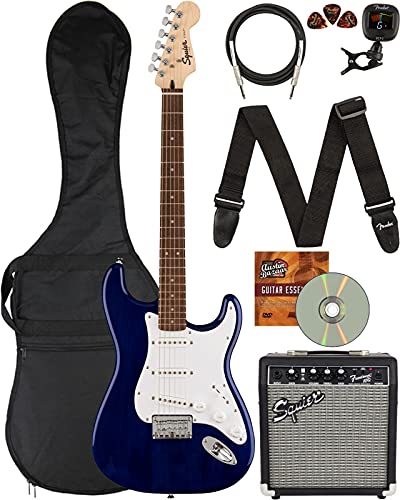 Fender Stratocaster HT, White Pickguard - Transparent Blue Bundle with Frontman 10G Amplifier, Instrument Cable, Gig Bag, Tuner, Strap, Picks, and Austin Bazaar Instructional DVD