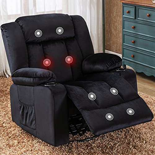 COMHOMA Recliner Chair Massage Rocker with Heated 360 Degree Swivel Lazy Boy Recliner Single Sofa Seat with Cup Holders for Living Room (Black)