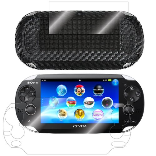 Armorsuit MilitaryShield Black Carbon Fiber Skin Wrap Film + HD Clear Screen Protector for Sony Playstation Vita - Anti-Bubble Film