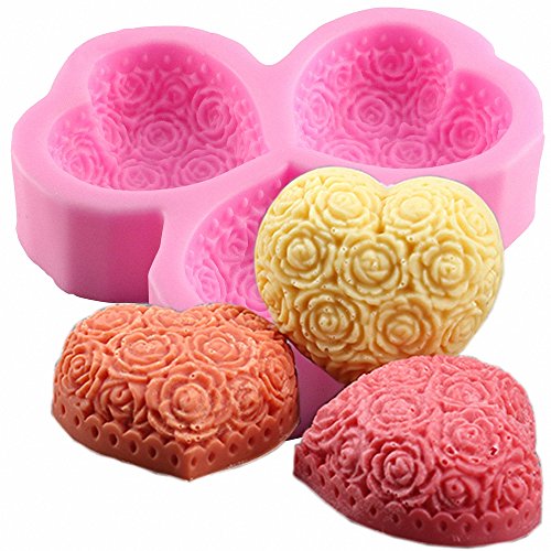 MoldFun 3-Cavity Heart Shaped Rose Flower Silicone Mold for Soap, Lotion Bar, Bath Bomb, Candle