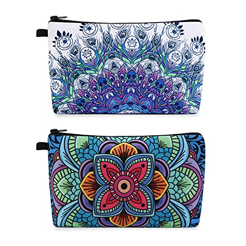 MAGEFY Makeup Bag, 2 Styles Travel Cosmetic Bag for Women Cosmetic pouch Elegant Blue Patterns Zipper Pouch Waterproof Makeup Pouch Cute (2 Packs, Peacock feather + Mandala pattern 0179)