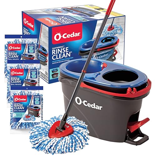 O-Cedar EasyWring RinseClean Microfiber Spin Mop & Bucket Floor Cleaning System with 3 Extra Refills, Plastic, Grey
