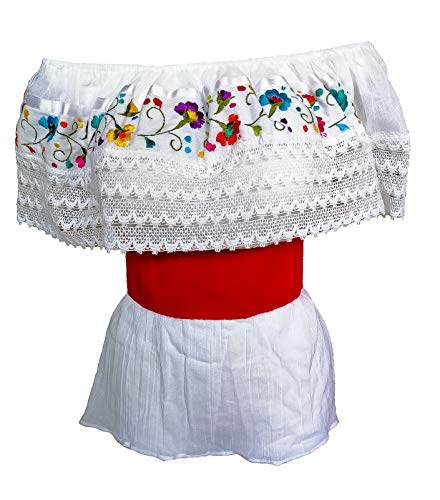 Jacq&Júrgen White Off Shoulder Loose Blouse Authentic Embroidered Ruffle Handmade in Oaxaca with Waist Red Belt, Orchid, One Size