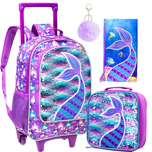 gxtvo Rolling Backpack for Girls, Roller Wheels Kids Bookbag - Wheeled Suitcase Elementary Sequin School Bag - 3PCS Mermaid