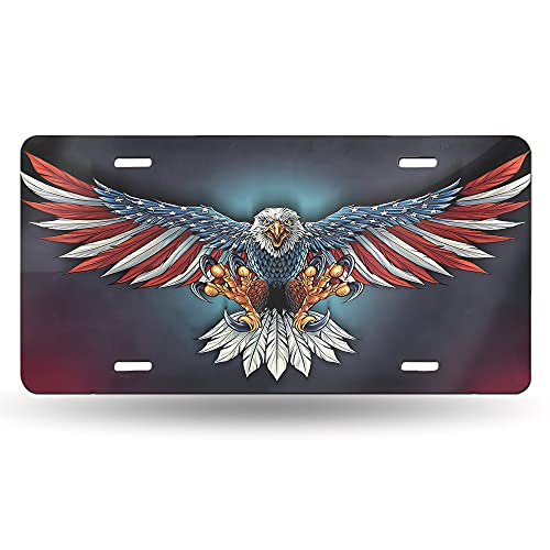 Snowmolle American Flag Eagle Flying License Plate Decorative Car Front License Plate Cover Vanity Tag Metal Car Plate Aluminum Novelty License Plate for Men/Women Car 6 X 12 Inch