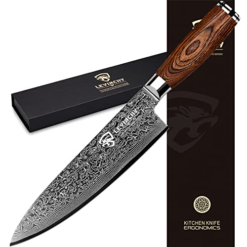 LEVINCHY Damascus Chef's Knife 8 inch Professional Handmade Damascus Stainless Steel Kitchen Knife, Superb Edge Retention, Stain & Corrosion Resistant, Ergonomic PAKKA Wood Handle