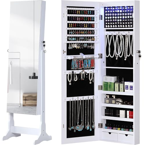 GISSAR Jewelry Organizer Full Length Mirror Jewelry Cabinet Standing/Wall/Hanging Door Jewelry Armoire Storage with Lights, Lockable, White