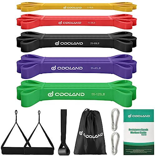 Odoland 5 Packs Pull Up Assist Bands, Pull Up Straps, Resistance Bands with Door Anchor and Handles, Stretch Mobility, Powerlifting and Extra Durable Exercise Bands with eGuide