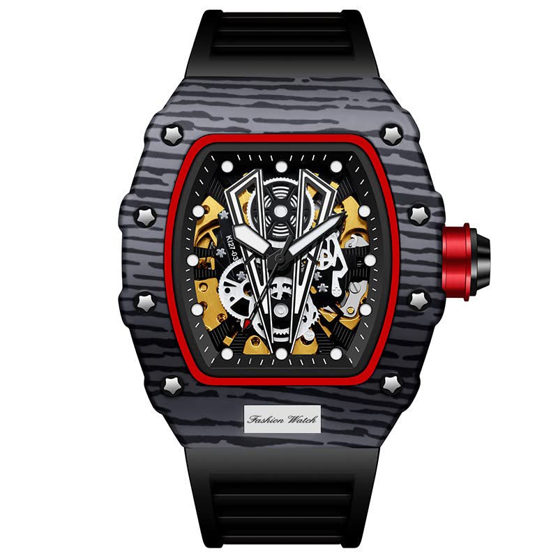 ShShi Michard Collection Cool Men's Double-Sided Skeleton Barrel Automatic Mechanical Watch Bull-Themed dial Luminescent Rotating Hands (Black face - Black Watch Strap)