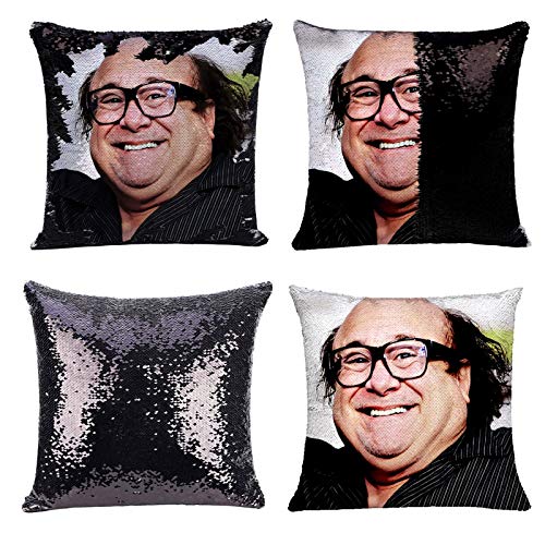 K T One Funny DIY Sequin Pillows Cover Face Magic Reversible Throw Pillow Cover Decorative Change Color Pillowcase 16x16 (Gold) (Danny Black 3)