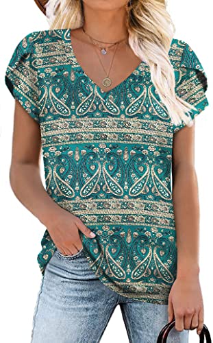 CATHY Summer Womans Tunics Petal Sleeve V-neck Tee Shirts Casual Comfy Blouse Lightweight Soft Cute Tops Blue-Khaki Large