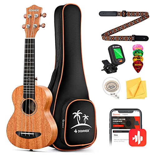 Donner Concert Ukulele Beginner Mahogany 23 Inch Ukelele Starter Bundle Kit with Free Online Lesson Gig Bag Strap Nylon String Tuner Picks Cloth DUC-1 Professional Ukalalee Yukalalee Gift
