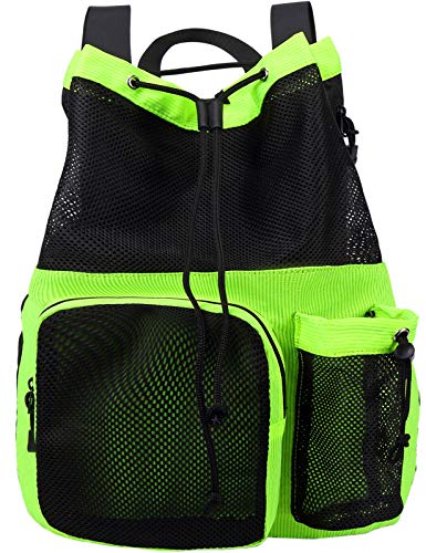 Lohol Large Mesh Drawstring Backpack with Shoe Bag, Durable Swimming String Sack with Handle for Sports Gym Yoga Beach Travel (Green)