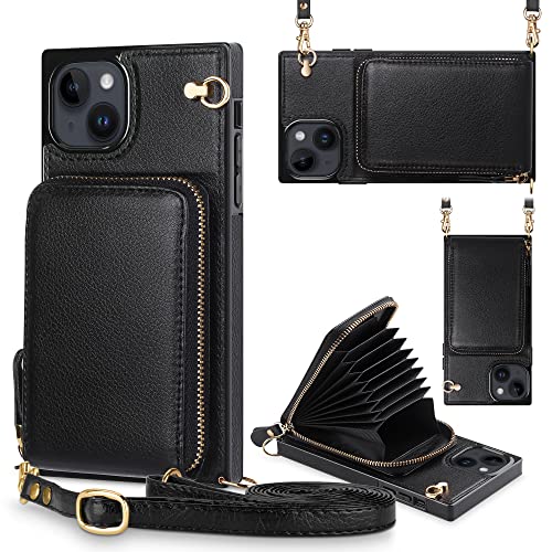 JAKPAK for iPhone 14 Case Wallet Zipper Leather Case with Card Holder Slots Protective Square Cover with Lanyard Shockproof Heavy Duty Case Compatible with iPhone 14 6.1 inch Black