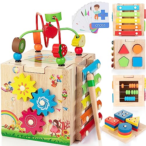Bravmate Wooden Activity Cube | 8-in-1 Montessori Toys for 18M+ Toddlers, One Year Old First Birthday Gift, Baby Toy Set with Bonus Sorting & Stacking Board