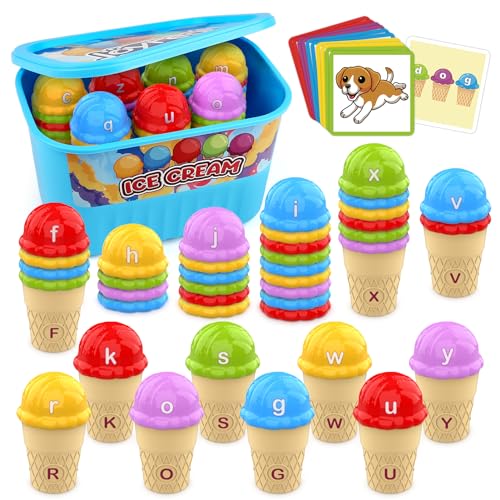 Joyreal Alphabet Ice Cream Learning Toys, 52 PCS Color Sorting Toys for Toddlers, Preschool Montessori Stacking Fine Motor Skills Toys, Upper and Lower Case Letter Games with Flash Cards, Storage Tub
