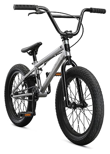 Mongoose Legion L18 Kids Freestyle Sidewalk BMX Bike, Beginner Riders, Boys and Girls, 18-Inch Wheels, Hi-Ten Steel Frame, Micro Drive 25x9T BMX Gearing, Silver